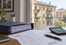 Cartellina con documenti contabili, calcolatrice e penna su una scrivania davanti a un edificio residenziale