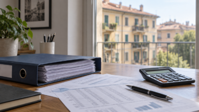 Cartellina con documenti contabili, calcolatrice e penna su una scrivania davanti a un edificio residenziale