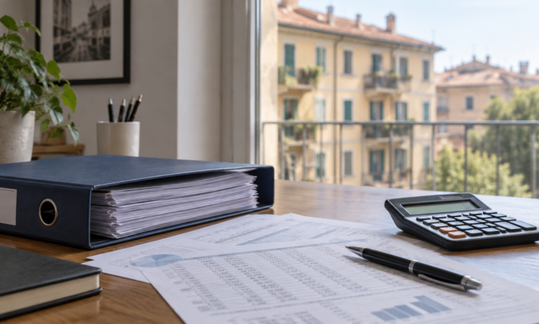 Cartellina con documenti contabili, calcolatrice e penna su una scrivania davanti a un edificio residenziale