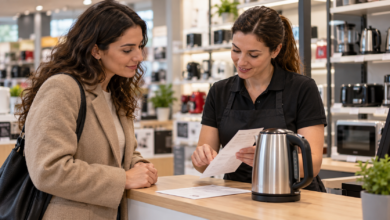 Cliente e addetta esaminano un piccolo elettrodomestico e i documenti di acquisto al banco assistenza