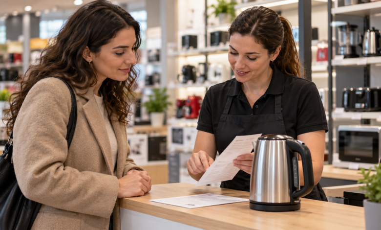 Cliente e addetta esaminano un piccolo elettrodomestico e i documenti di acquisto al banco assistenza