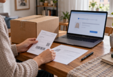 Pacco per un reso online accanto a un computer e ai documenti della spedizione
